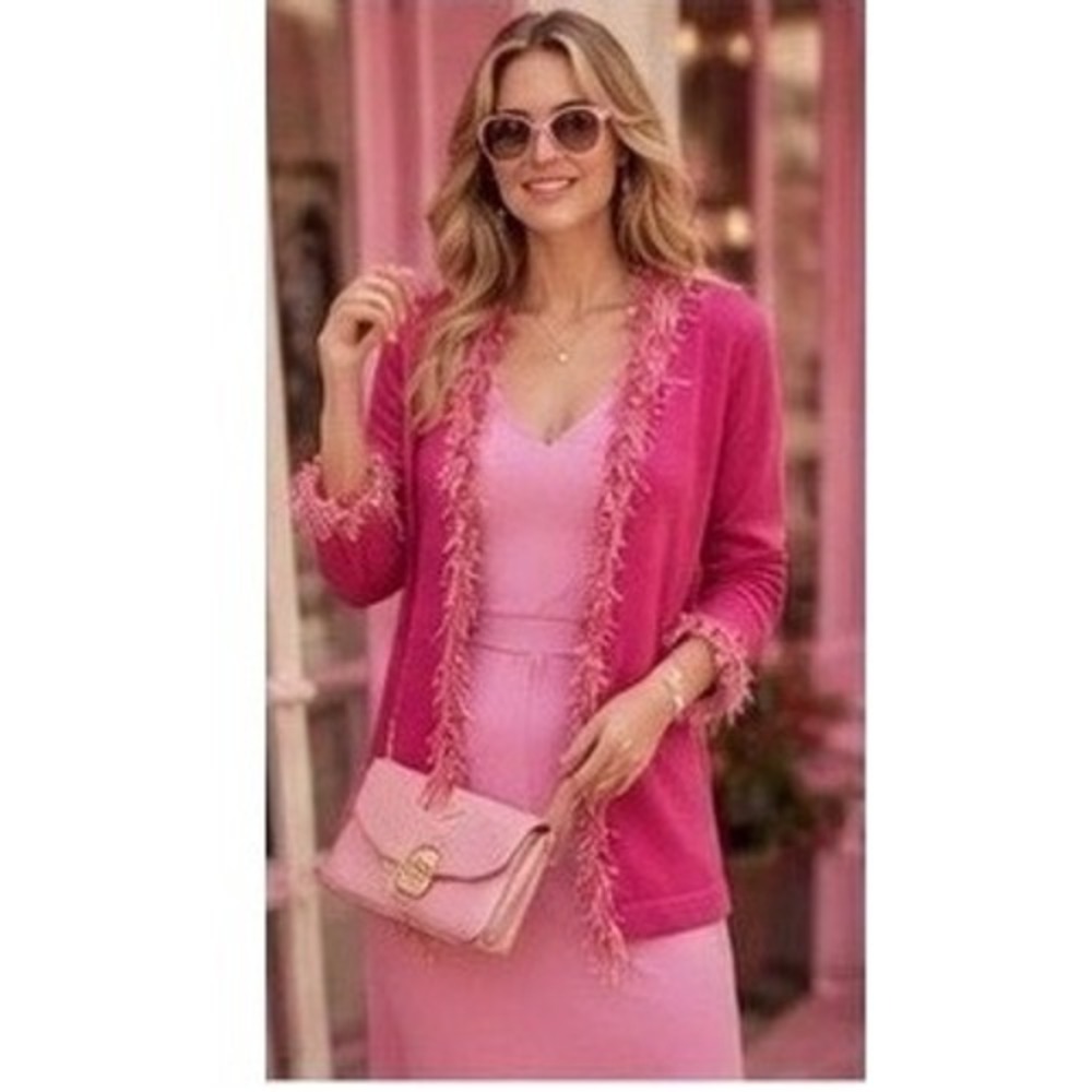 Bellepointe Pink Eyelash Trim Open Front Cardigan Sweater Small